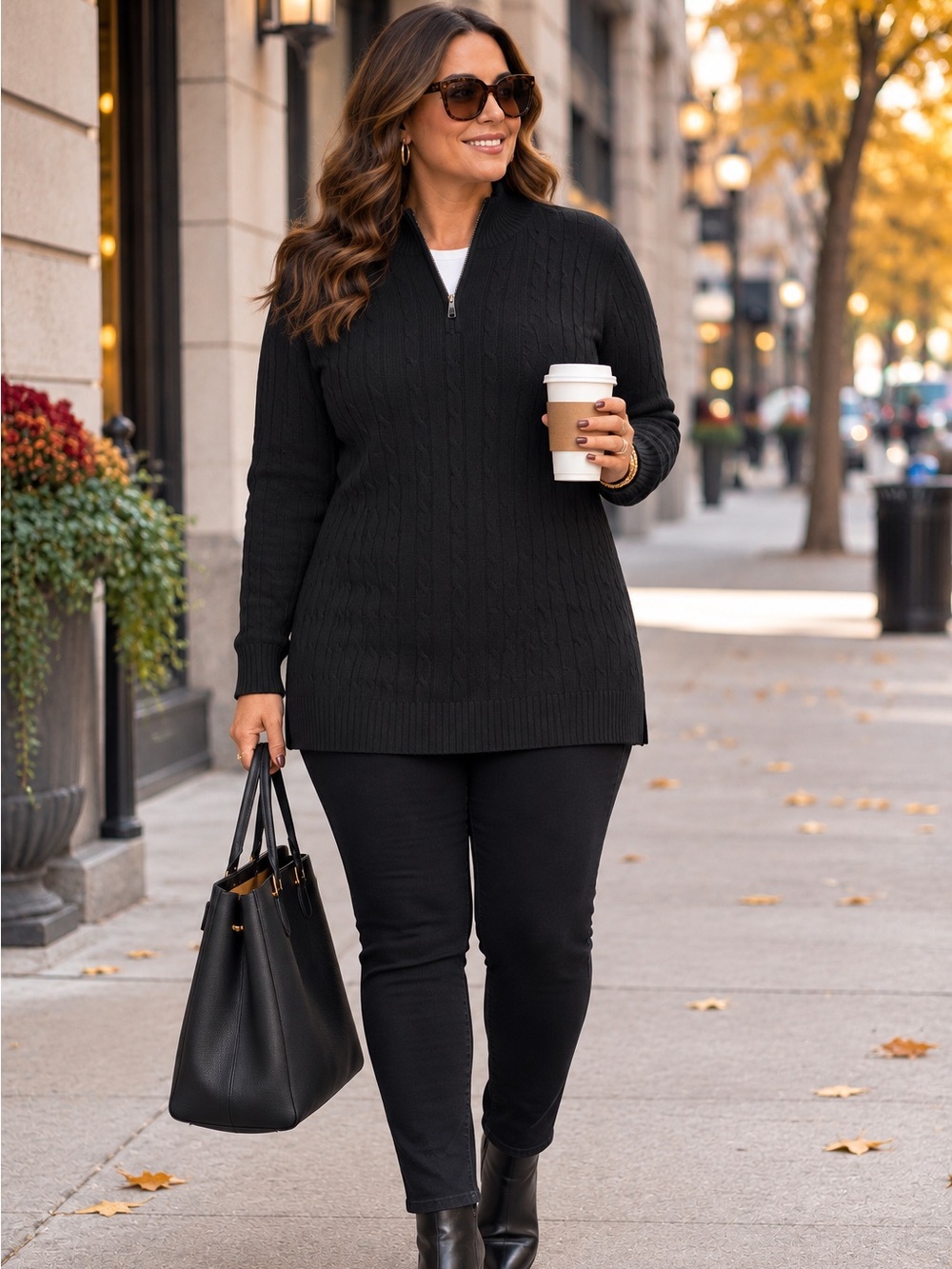 WOMAN WITHIN Women's Black Cable Knit Half-Zip Pullover Tunic Sweater 18/20